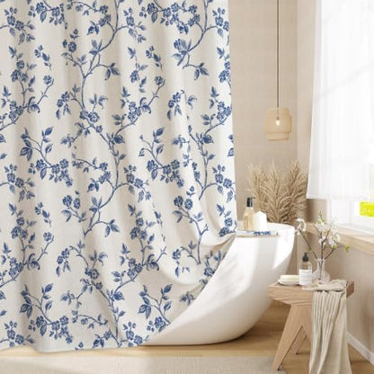 MitoVilla Navy Blue Linen Floral Shower Curtain for Bathroom, 72 x 72