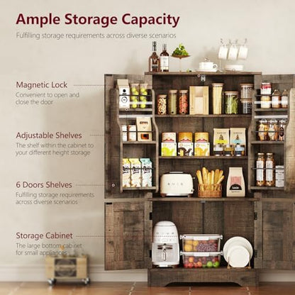 43”H Pantry Cabinet with 4 Doors, Kitchen Cabinet with 6 Door Shelves