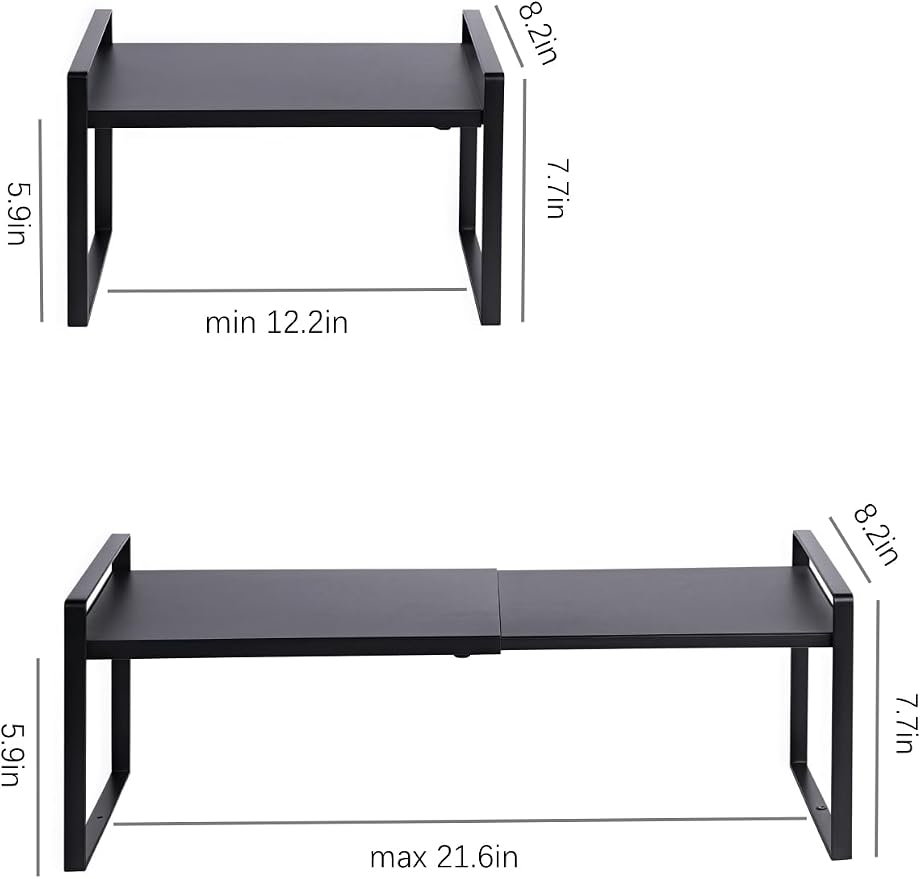 2-Pack Expandable Shelf Organizer for Kitchen Countertop, kitchen organizers and storage，under sink expandable shelf organizer (black, 8.2’’D * 12.2-21.6’’W * 7.7’’H)