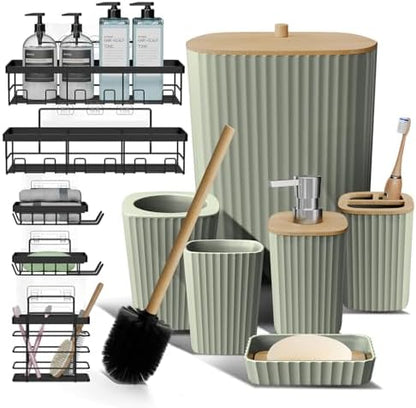 Clara Clark Bathroom Set - Sage Green Bathroom Accessories Set, 6PC Bathroom Accessory Set, Bathroom Sets with Adhesive Corner Shower Caddy Hanging, Toilet Brush, Trash Can & Soap Dispenser