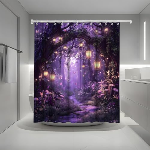 Fantasy Forest Path Shower Curtain Purple Fairy Magical Enchanted Misty Jungle Mushroom Floral Tree Butterfly Lantern Wonderland Bath Curtain Fabric Bathroom Accessories Decor with Hooks 55W x70L
