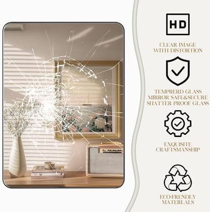 Fun Memories Black Bathroom Mirror 16x20 Inch Bathroom Vanity, Metal Black Frame Large Mirror, Modern Wall Mirror for Bathroom, Tempered Glass, Farmhouse, Horizontally or Vertically