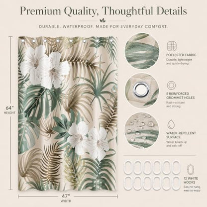 Tropical Shower Curtain for Bathroom, Green Palm Tree Flower Plant Boho Leaf Banana Monstera Sage Beige Shower Curtains Set, Fabric Bathroom Accessories with Hooks 47x64 Inch