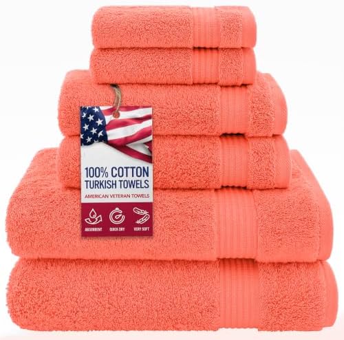 American Veteran Towel, 100% Cotton Turkish 6 Piece Towel Set, Luxury Towels Set of 6 for Bathroom Essentials, 2 Bath Towels 2 Hand Towels 2 Washcloths, Coral