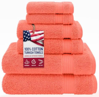 American Veteran Towel, 100% Cotton Turkish 6 Piece Towel Set, Luxury Towels Set of 6 for Bathroom Essentials, 2 Bath Towels 2 Hand Towels 2 Washcloths, Coral