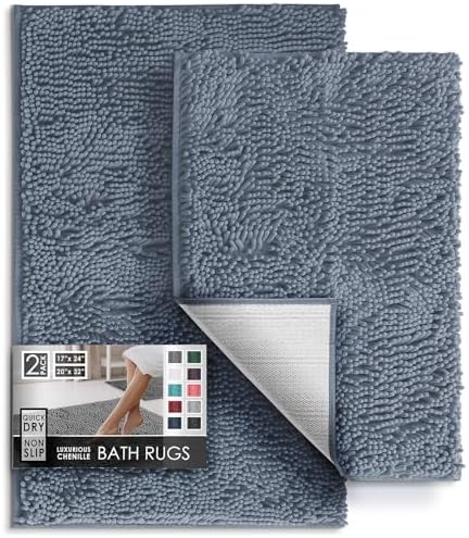 Hearth & Harbor Bathroom Rugs, Chenille Bath Mat - Machine Washable Bath Mats for Bathroom Non-Slip Backing Rubber, Quick Dry Bathroom Mat, 17 x 24 + 20 x 32 - Stone Blue
