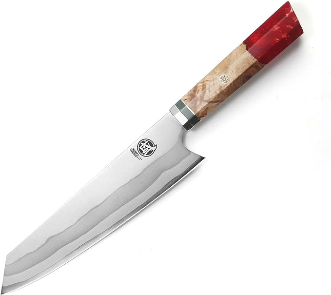 MITSUMOTO SAKARI 8-Inch Kiritsuke Chef Knife, 440C Damascus, Red Handle | Angled tip and long flat edge for meat, fish and vegetables, 440C Damascus, red pomegranate handle, sandalwood box
