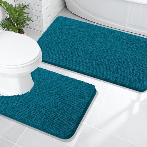 OLANLY Chenille Bathroom Rugs Sets 2 Piece, 47"x20"+24"x20", Peacock Blue