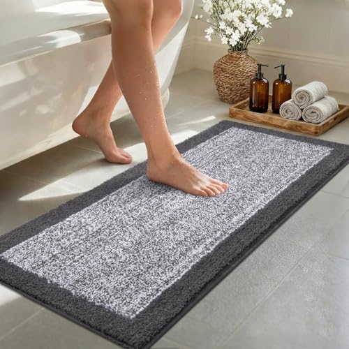 48x17 Long Bathroom Rugs Non Slip Washable, Soft Absorbent Bath Mat Grey