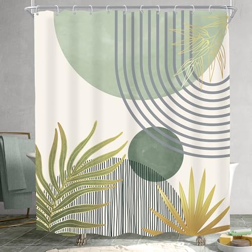 Mid Century Mint Green Boho Abstract Modern Bathroom Shower Curtain Set