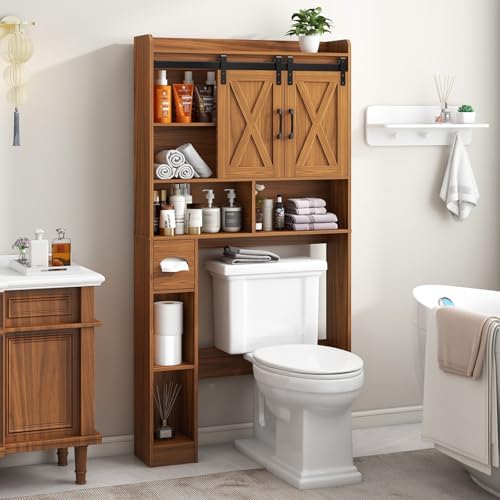 Vabches Over The Toilet Storage Cabinet with Sliding Doors, Caramel
