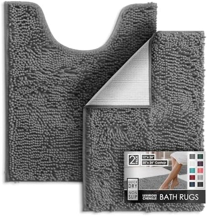 Hearth & Harbor Bathroom Rugs, Chenille Bath Mat - Machine Washable Bath Mats for Bathroom Non-Slip Backing Rubber, Quick Dry Bathroom Mat - Grey 17x24-20x24