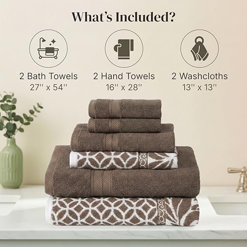 Modern Threads 6 Piece Bath Towel Set – Bathroom Set with 2 Bath Towels, 2 Hand Towels, and 2 Wash Cloths – 100% Cotton, Super Absorbent & Extra Soft – Reversible Botanical Vine (Taupe Brown)