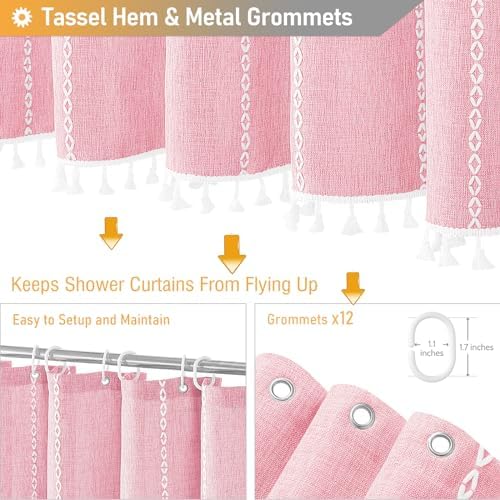 BTTN 72x84 Long Boho Farmhouse Linen Heavy Duty Shower Curtain, Blush Pink