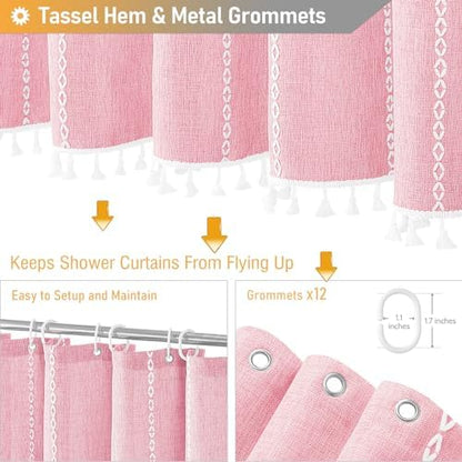 BTTN 72x96 Extra Long Boho Linen Heavy Duty Shower Curtain Set, Blush Pink