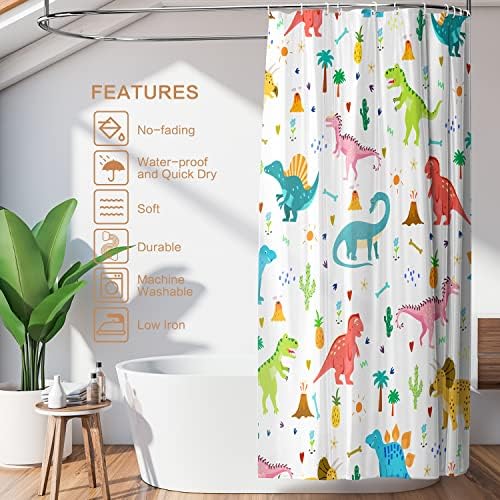 Shower Curtain Kids, Cartoon Dinosaur Shower Curtain Colorful Animals Plants for Boys Girls Polyester Fabric Waterproof Shower Curtain Sets Machine Washable Decor Bath Curtain