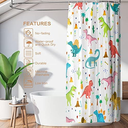 Shower Curtain Kids, Cartoon Dinosaur Shower Curtain Colorful Animals Plants for Boys Girls Polyester Fabric Waterproof Shower Curtain Sets Machine Washable Decor Bath Curtain