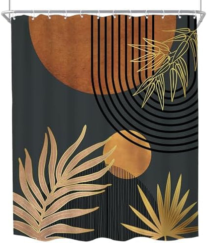 Mid Century Brown Black Boho Abstract Modern Bathroom Shower Curtain Set