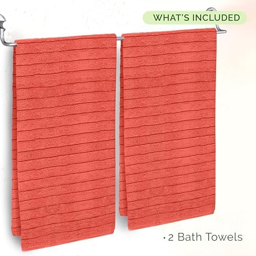Elegant Comfort 100% Turkish Cotton Corduroy Ribbed Luxury Soft 2 Pack Bath Towels 27 x 54 Inch - Ultra Plush, Absorbent, Quick Dry, Hotel Spa Quality Towels for Bathroom Essentials, Coral