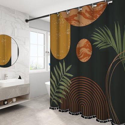 Boho Mid Century Leaf Shower Curtain Set,Arch Sun Design,Minimalistic Leaves Pattern,Waterproof and Luxurious Fabric-12 Hooks(Coffee Brown-60" x 72")