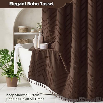 Siiluminisoy Extra Long Boho Shower Curtain, Woven Fabric 84 in Brown Shower Curtain, 72 x 84, Tufted Chevron Striped Modern Chic Textured Minimalist Bathroom