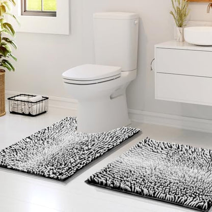 Hearth & Harbor Bathroom Rugs, Chenille Bath Mat - Machine Washable Bath Mats for Bathroom Non-Slip Backing Rubber, Quick Dry Bathroom Mat, 17 x 24 + 20 x 24 - Ombre Black
