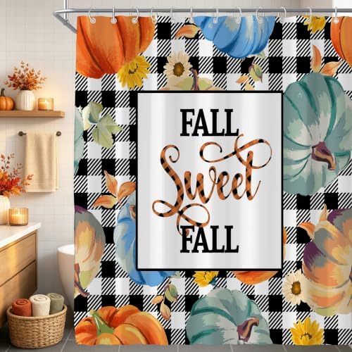 Fall Pumpkin Harvest Autumn Shower Curtain for Bathroom 72W*72H Inch Thanksgiving Rustic Black White Buffalo Plaid Maple Bathtub Autumnal Decor Waterproof Polyester Fabric Set with 12 Hooks