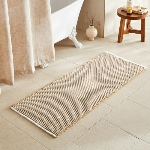 TYUU Waffle Runner Rug Bathroom, Long Boho Bath Mat, 60x24 Khaki & White