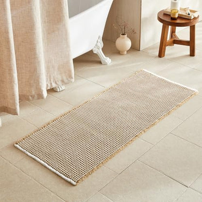 TYUU Waffle Runner Rug Bathroom, Long Boho Bath Mat, 60x24 Khaki & White