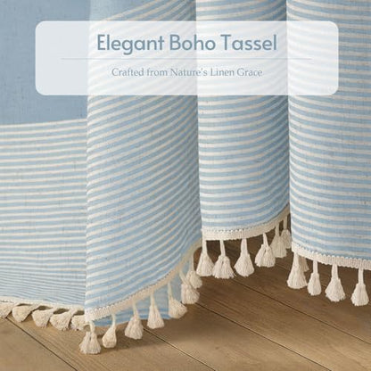 Aqua Blue Coastal Ocean Linen Striped Shower Curtain with Tassel 72W X 72L