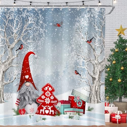 Winter Christmas Shower Curtain for Bathroom 72W*72H Inch Cute Gnome Cardinals Snowflake Snowy Bird Forest Holiday Decorations Bathtub Decor Waterproof Polyester Fabric Set
