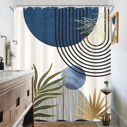 KOMLLEX Mid Century Blue Green Boho Extra Long Bathroom Shower Curtain Set