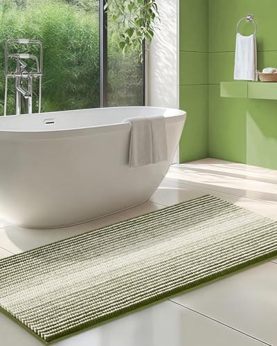 BSICPRO Large Chenille Bathroom Rugs Runner, 22x60 Striped Bath Mats, Sage
