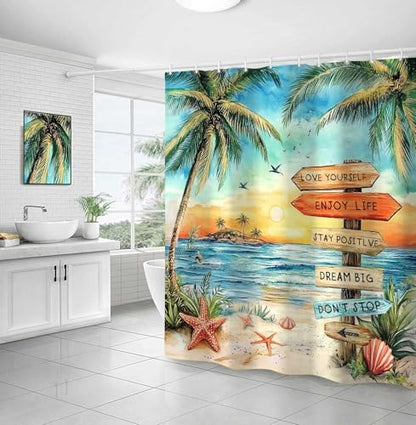 Beach Shower Curtain for Bathroom,Tropical Palm Tree Coastal Nautical Ocean Quotes Inspirational, Sunset Scenery Shower Curtain Set with Hooks,72Wx72H