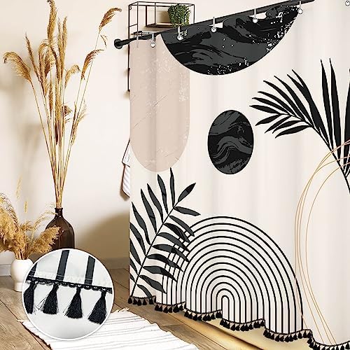 Boho Mid Century Leaf Shower Curtain Set,Arch Sun Design,Minimalistic Leaves Pattern,Waterproof and Luxurious Fabric-12 Hooks(Black and White-60" x 72")