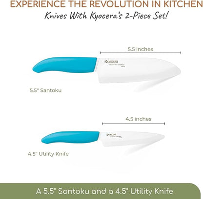 Kyocera Revolution 2-Piece Ceramic Knife Set: Chef Knife For Your Cooking Needs, 5.5" Santoku and 4.5" Utility Knife, White Blades with Blue Handles, White/Blue