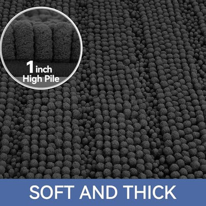Bcoimo Bath Rug Mat, 48x24 Chenille Non Slip Black Long Bathroom Runner Rug