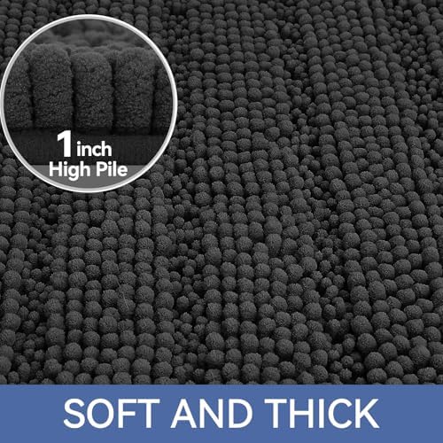 Bcoimo Bath Rug Mat, 44x24 Chenille Non Slip Black Long Bathroom Runner Rug