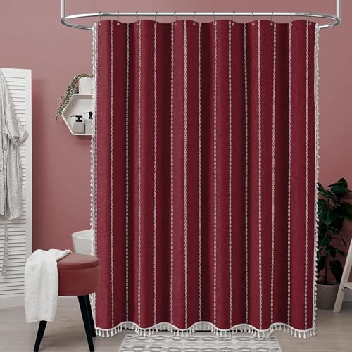 BTTN 72x84 Long Boho Farmhouse Linen Heavy Duty Shower Curtain, Burgundy