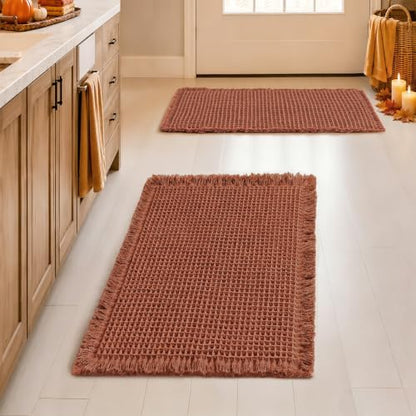 MIULEE Fall Rust Set of 2 Waffle Bathroom Rugs Boho Bath Mat 17x24 Inch