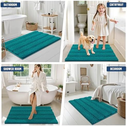 Grandaily Chenille Striped Bathroom Rugs 24x16, Extra Thick and Soft Absorbent Bath Mats, Rubber Backing, Plush Shaggy Shower Carpet, Machine Wash Dry, Bath Rug for Bathroom, Deep Lake