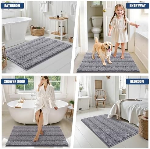 Grandaily Chenille Striped Bathroom Rugs 45x27, Extra Thick and Soft Absorbent Bath Mats, Rubber Backing, Plush Shaggy Shower Carpet, Machine Wash Dry, Bath Rug for Bathroom, Grey