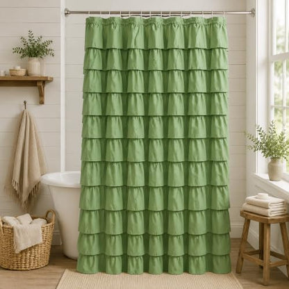Sage Green Ruffle Shower Curtain for Bathroom, 72x84 inch, 1 Panel