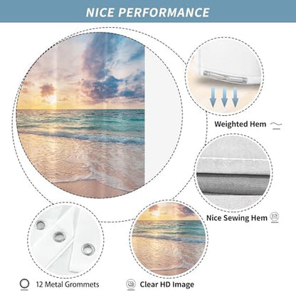 Ocean Beach Coastal Sea Scene Shower Curtain for Bathroom 72W*72H Inch Seaside Nautical Summer Sunset Sunrise Beachy Bathtub Decor Waves Seacoast Hawaiian Aesthetic Waterproof Polyester Fabric