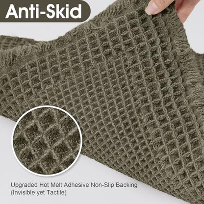 Upgraded Waffle Bath Mat Set 3 Piece Greyish Green-Bordered, Super Absorbent Non-Slip Quick Dry Bathroom Rugs with Tassels, Machine Washable Ultra Soft Boho Bath Rugs, Toilet Mats Boho Farmhouse Decor