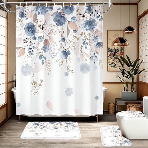 16 PCS Floral Shower Curtain Set with Rugs and 12 Hooks,120GSM Blue,72 x 72