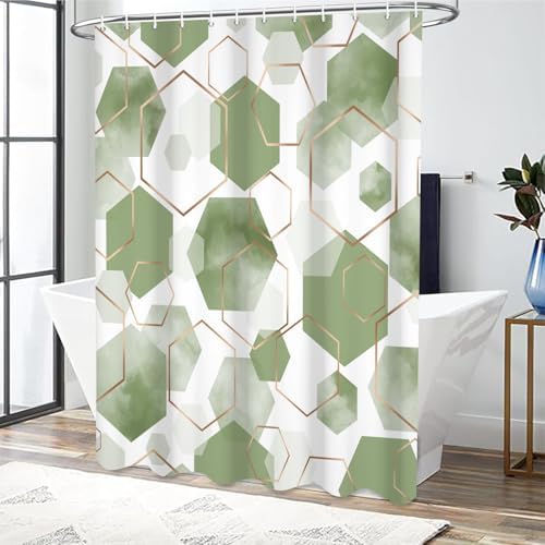 deFouliao Sage Green Modern Shower Curtain Geometric Grid Art Abstract Waterproof Bathroom Curtain for Bathtub Home Hotel Decor, Washable with Hooks, 60x72 Inch