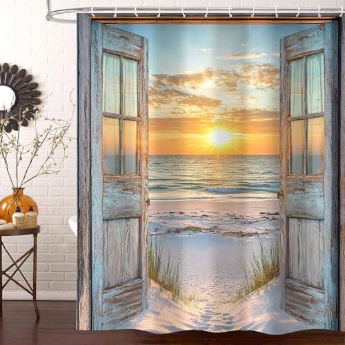 Beach Coastal Shower Curtain, Ocean Barn Door Nautical Sunrise Seaside Seascape Wave Decor Bath Curtains, Rustic Wood Teal Turquoise Bathroom Accessories Fabric Waterproof with Hooks, 72X84in