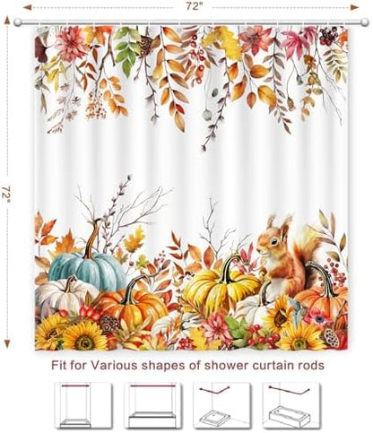Fall Shower Curtain Harvest Pumpkin Squirrel Thanksgiving Shower Curtain Autumn Maple Leaves Sunflowers shower curtains for Bathroom Waterproof Machine Washable Home Farmhouse Decor Bath Curtains