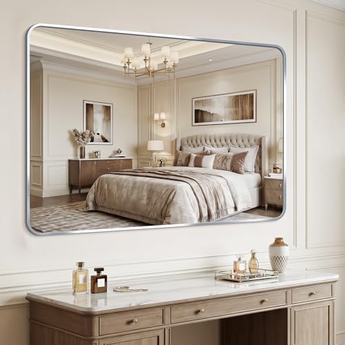 Bathroom Mirror for Wall, 30"x48" Black Bathroom Mirror for Over Sink, Shatterproof Tempered Glass Vanity Mirror with Anti-Rust Aluminum Alloy Frame, Hang Horizontally or Vertically, Silver